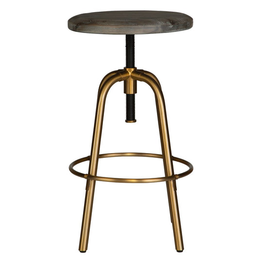 Adjustable Height Counter Stool | Brushed Brass Base | Acacia Wood Top