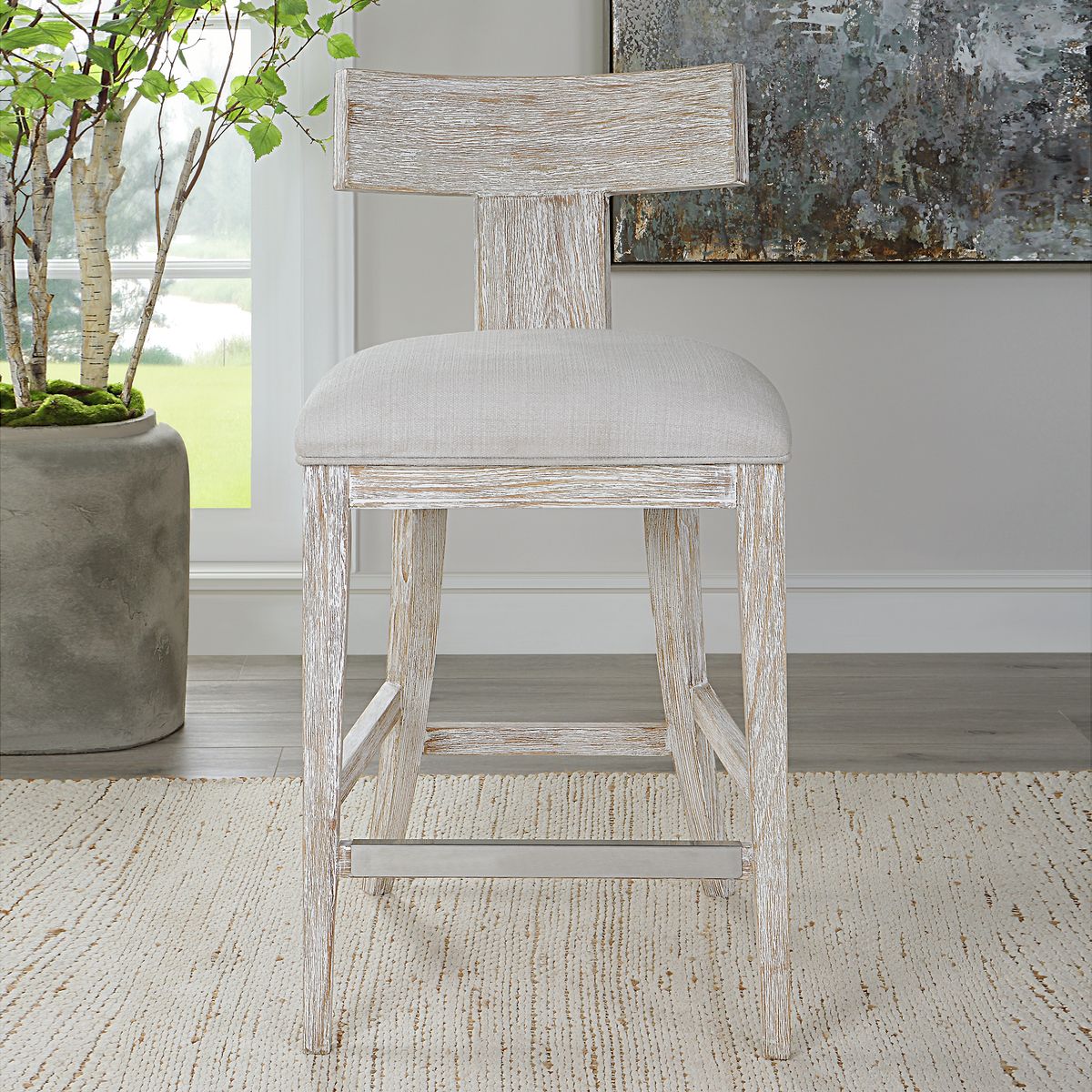 Whitewashed Klismos Bar Stool | Modern Design | Stone White Fabric