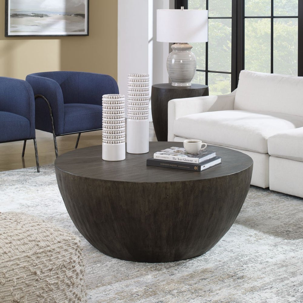 Minimalist Round Coffee Table | Aged Walnut Finish | Modern Design