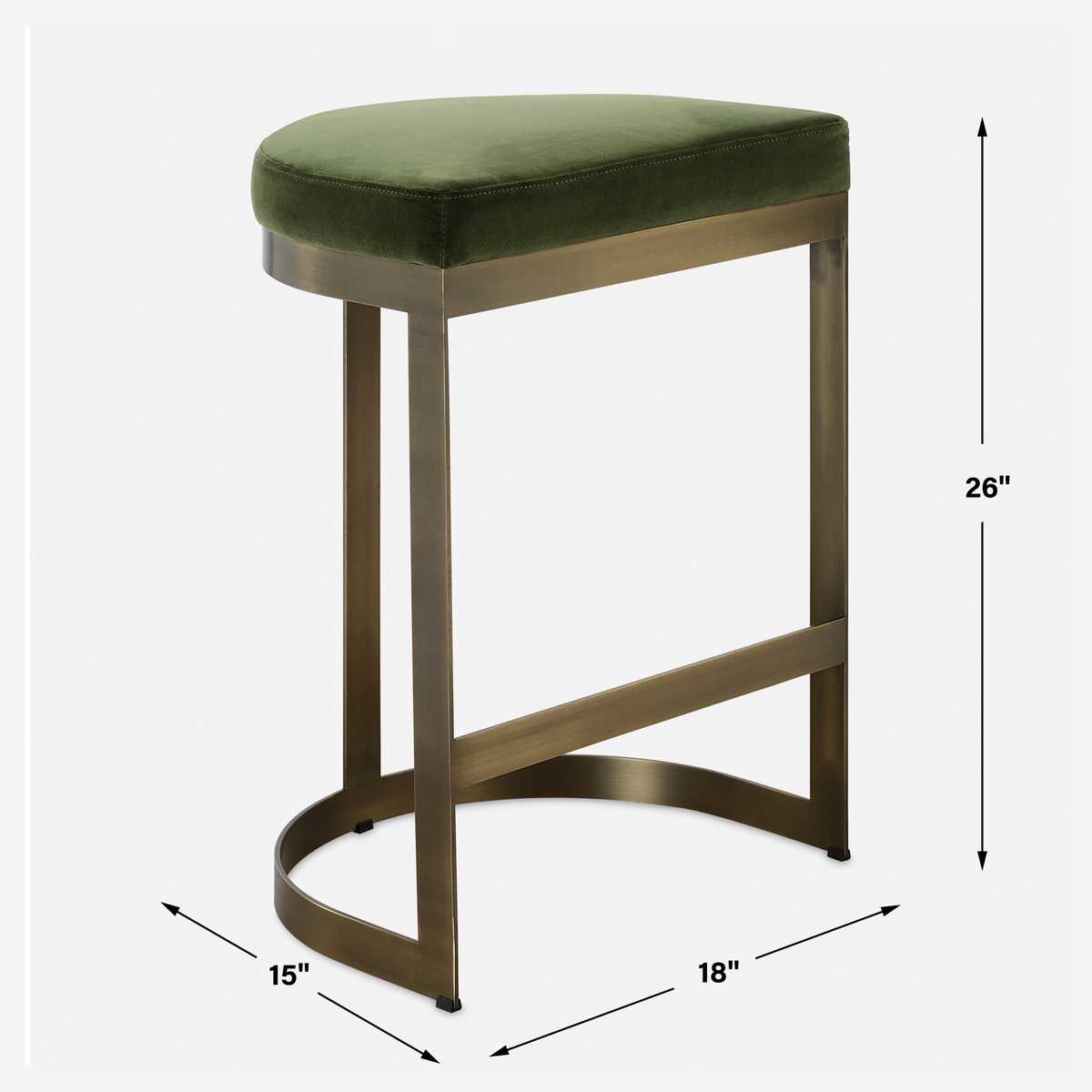 Luxury Velvet Counter Stool | Brushed Brass Base | Moss Green Upholstery