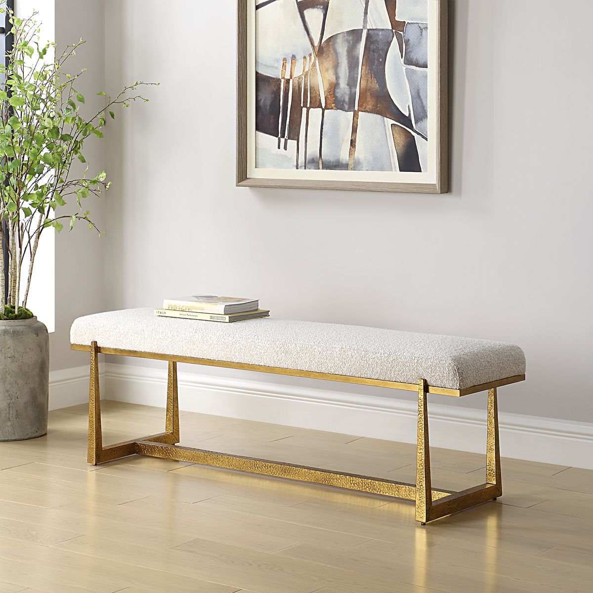 Luxury Upholstered Bench - Antique Gold & Driftwood Finish