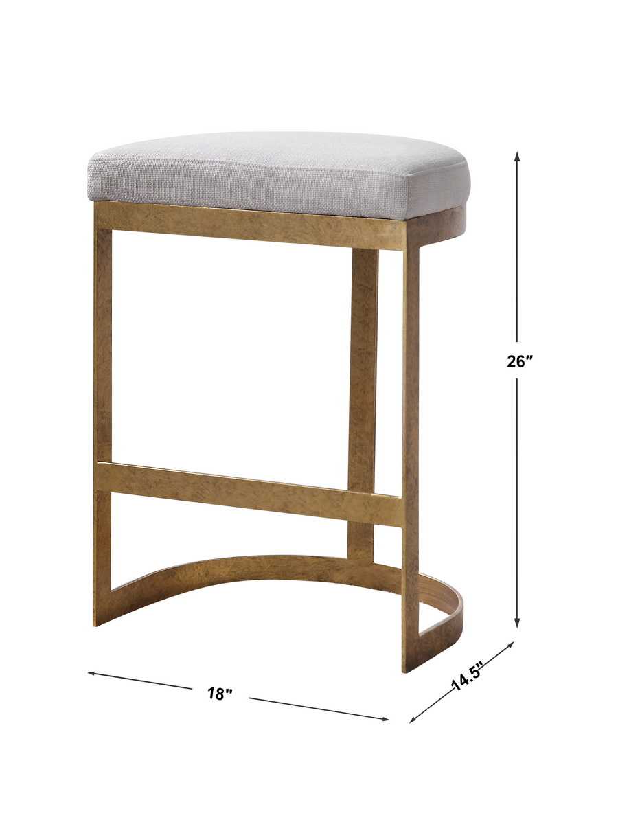 Iron Counter Stool | Antique Gold Leaf Finish | Beige Linen Fabric