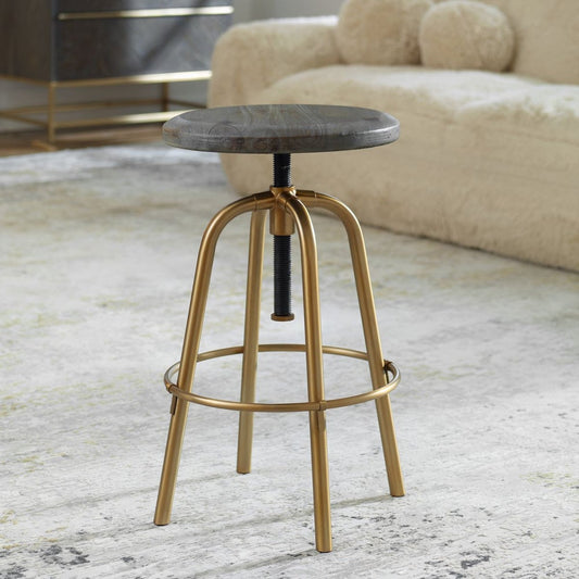 Adjustable Height Counter Stool | Brushed Brass Base | Acacia Wood Top