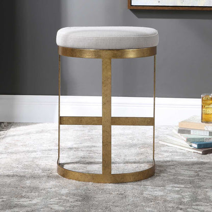 Iron Counter Stool | Antique Gold Leaf Finish | Beige Linen Fabric