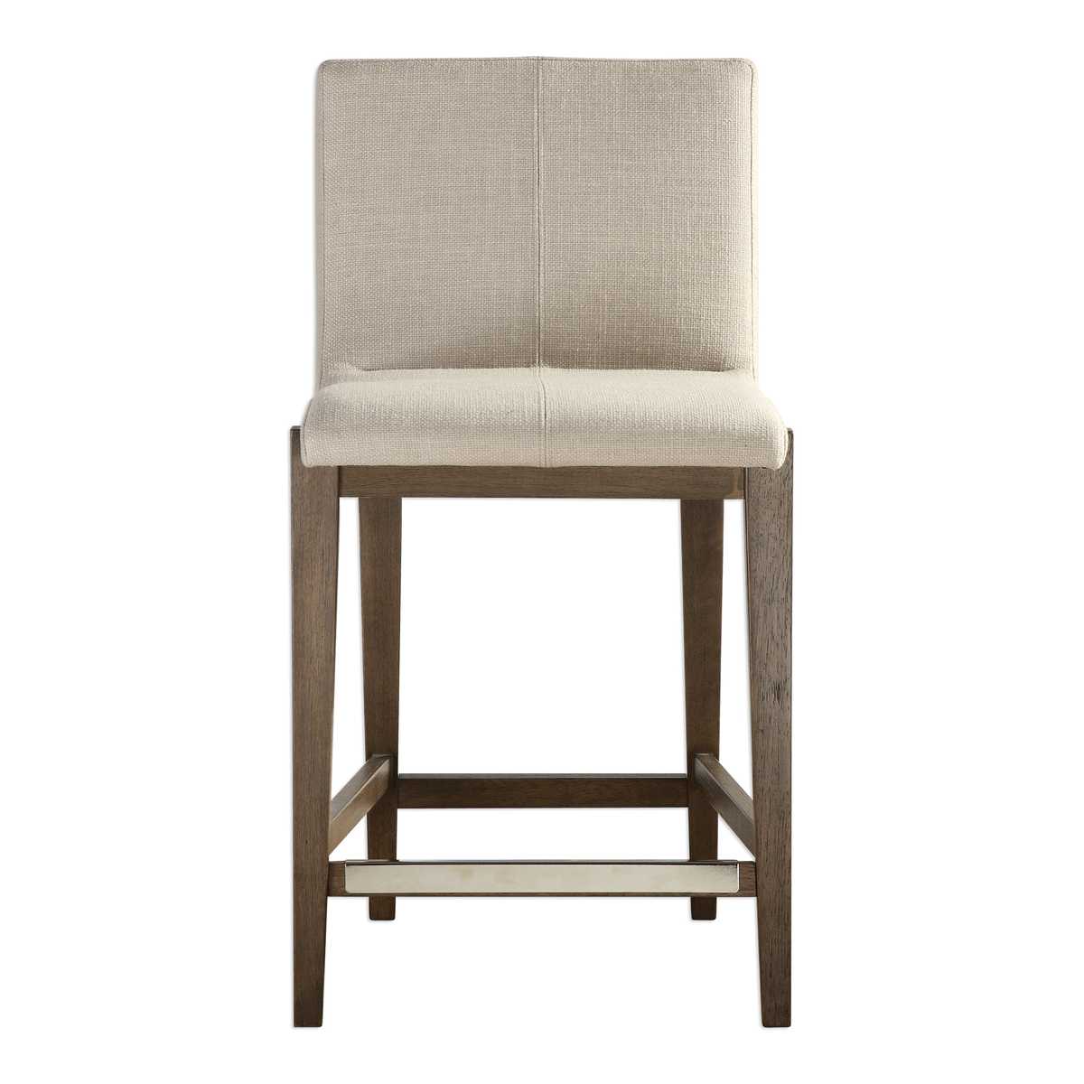 Elegant Linen Counter Stool | Light Walnut Wood Frame | Beige Performance Fabric