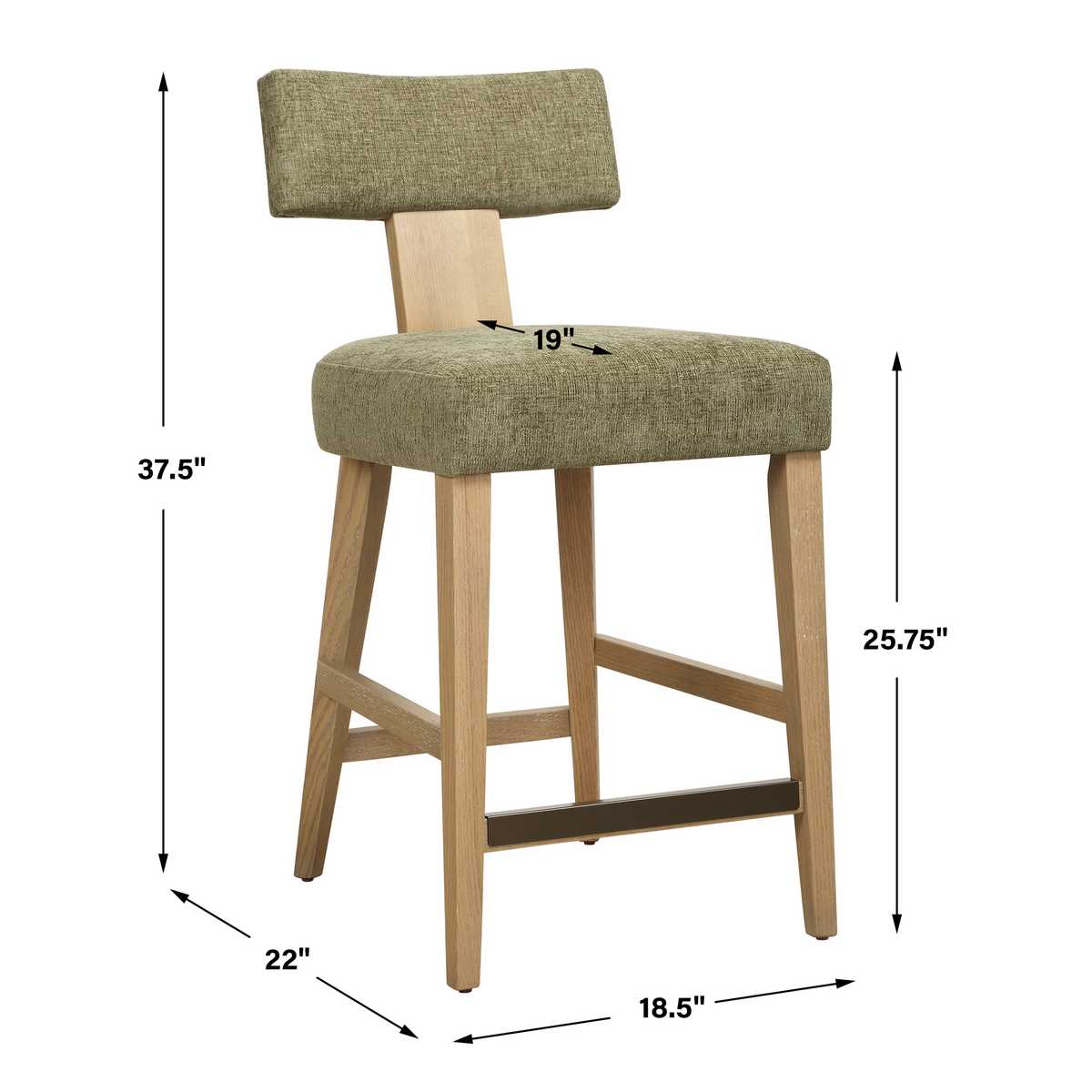 Casual Modern Counter Stool | Moss Green Fabric | Oak and Dark Bronze Accents