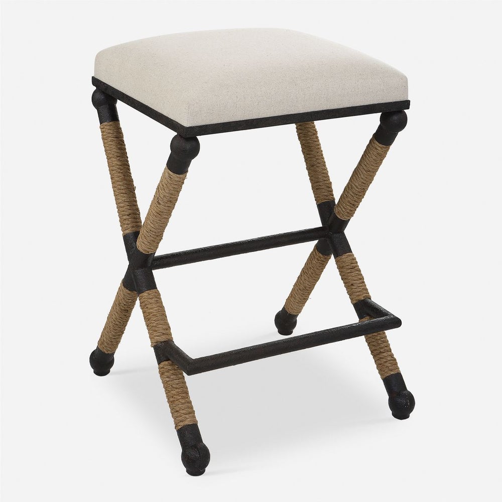 Nautical Counter Stool | Iron Frame &amp; Rope Accents | Oatmeal Cotton Cushion