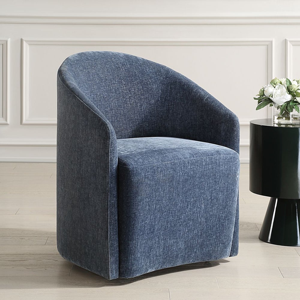 Velvet Barrel Back Dining Chair - Harbor Blue with Casters