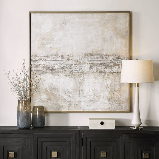 Living room interior featuring  hand-painted abstract canvas art hung above a cabinet demonstrating its scale and suitability for contemporary spaces.