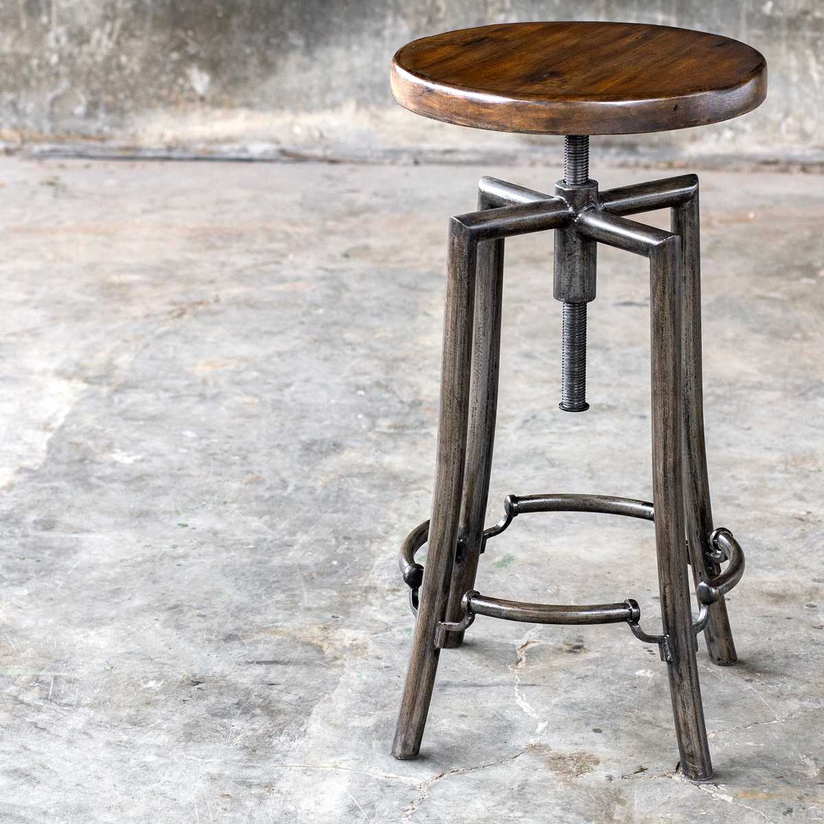 Wood Counter Stool | Dark Walnut | Industrial Iron Base