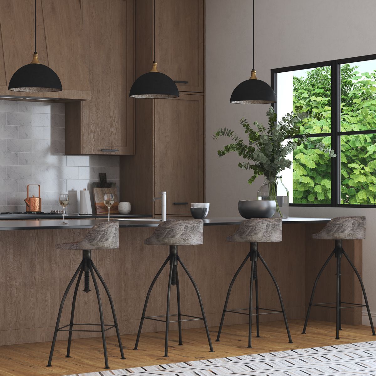 Hand carved wood on iron frame, a gray swivel bar/counter stool located under a kitchen counter.