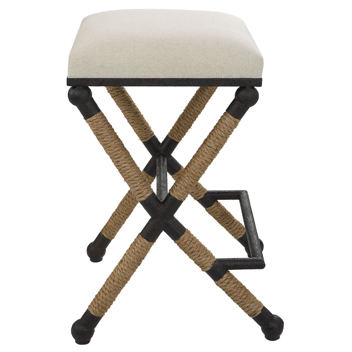 Nautical Counter Stool | Iron Frame &amp; Rope Accents | Oatmeal Cotton Cushion