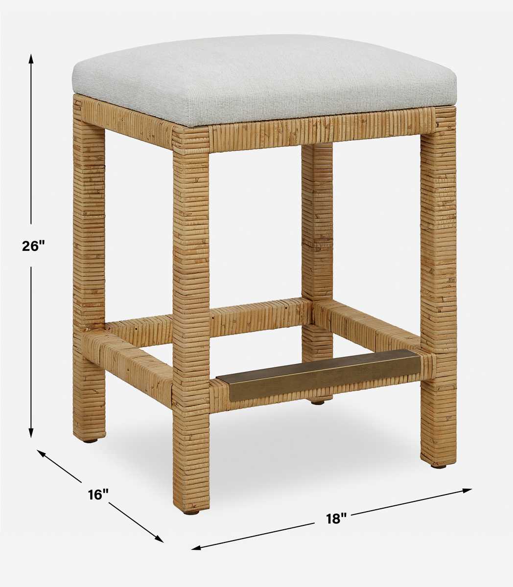 Coastal Rattan Counter Stool | Off-White Fabric | Antique Gold Kick Plate