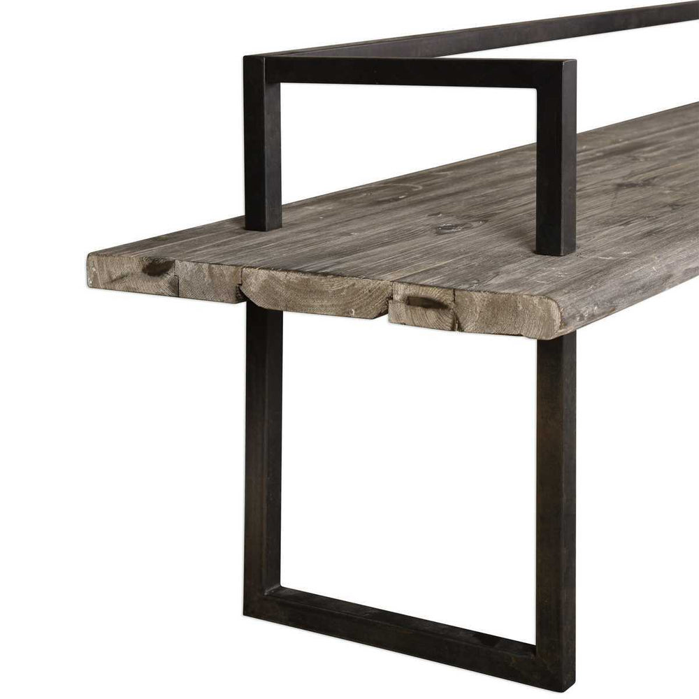 Wooden table with black metal legs on a white background