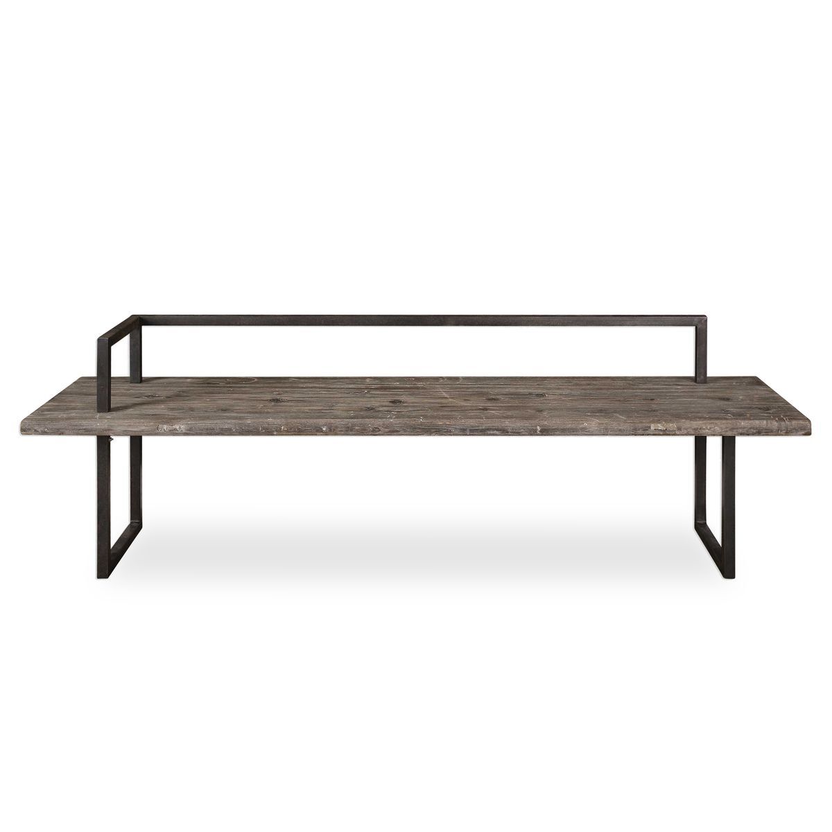 Wooden bench with metal frame on a white background