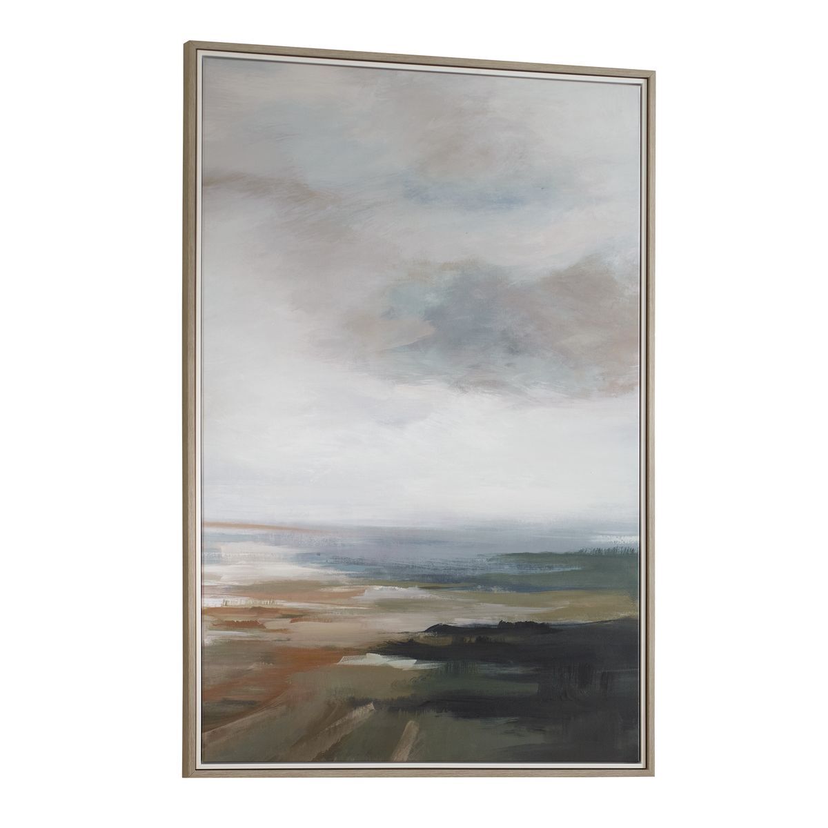 Framed abstract painting with soft, muted colors on a white background