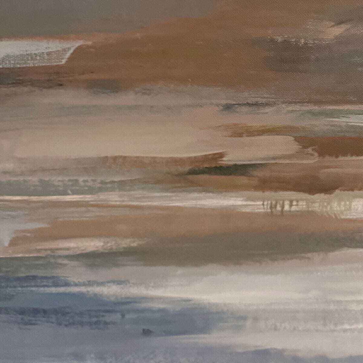 An abstract landscape painting featuring horizontal brushstrokes of earthy brown, beige, muted gray, and soft blue-gray tones.