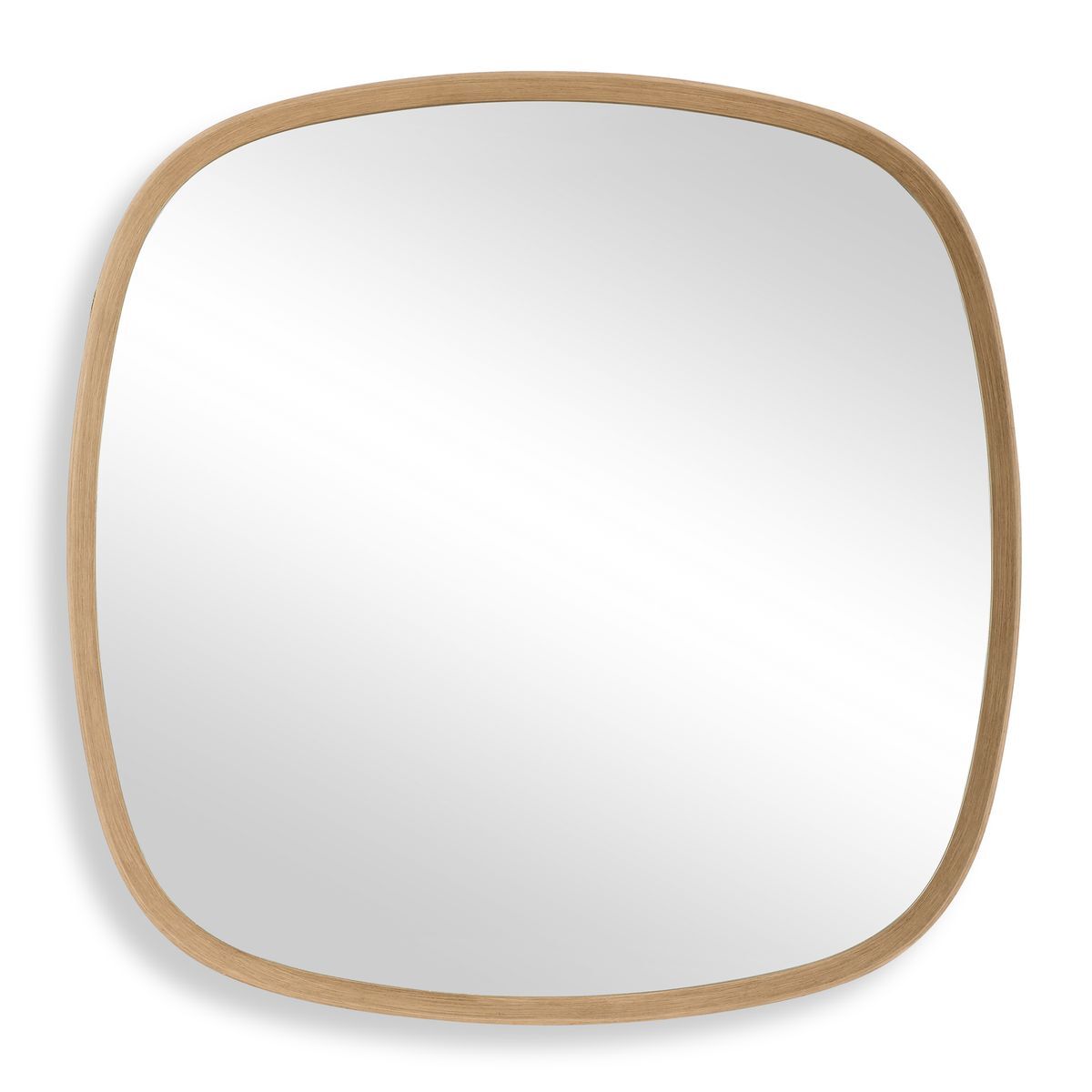 A square wall mirror with rounded corners and a light natural wood frame, shown against a plain white background.
