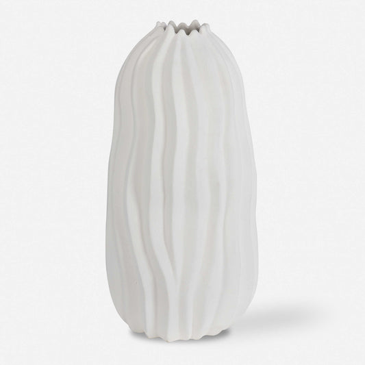 Large white organic vase with curved lines.