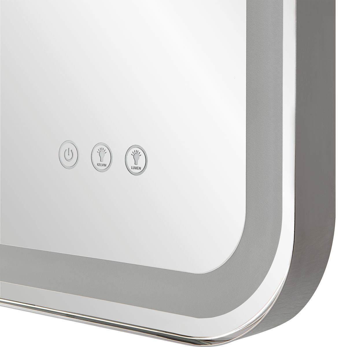 Rounded light up polished nickel vanity mirror with buttons.