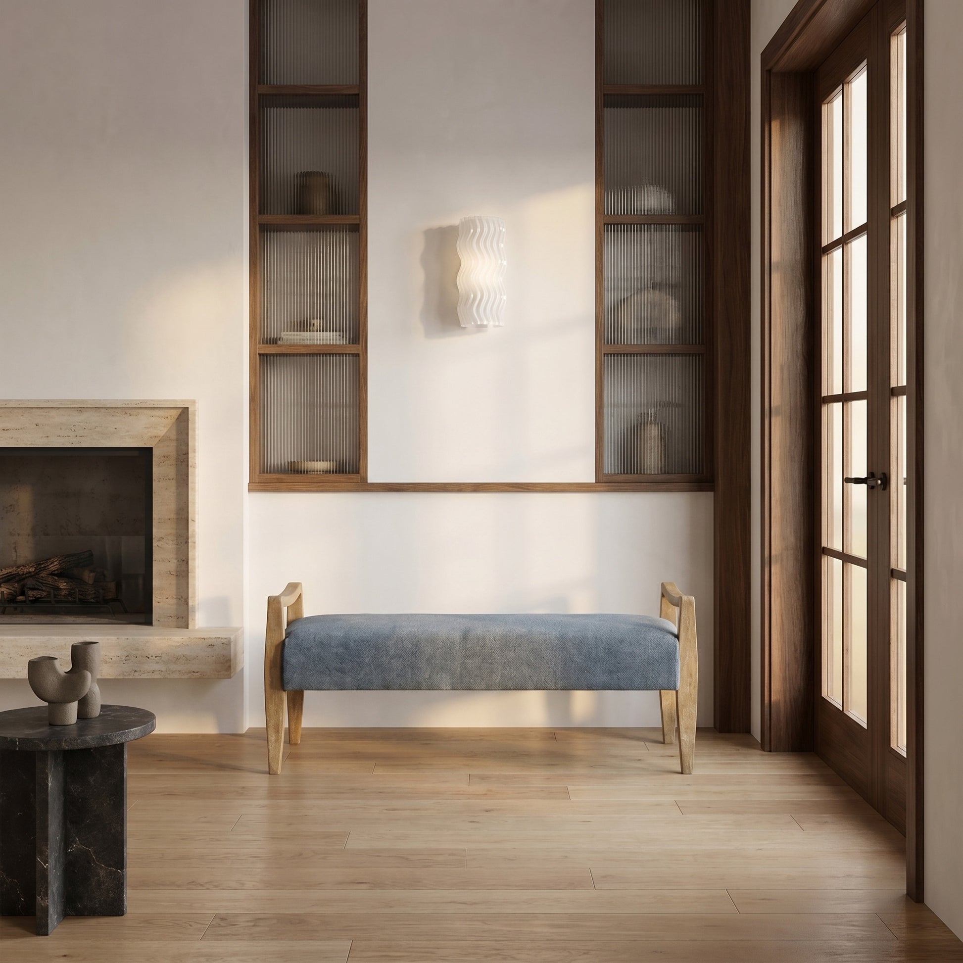 Modern interior with a blue cushioned bench, wooden shelves, and a fireplace.