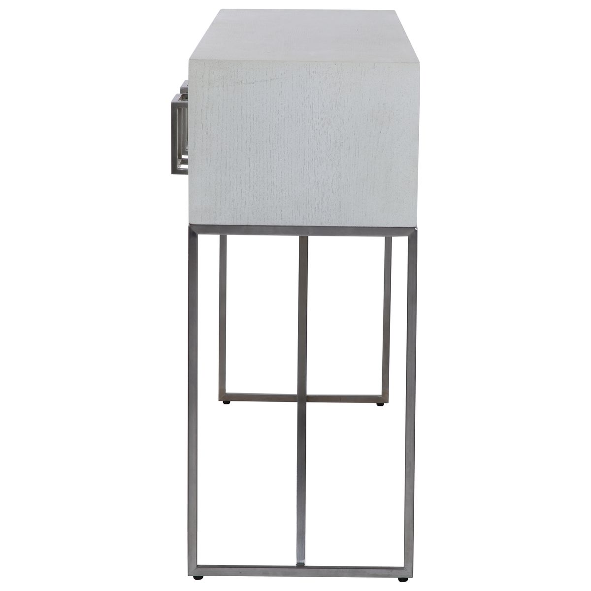 Modern side table with textured top and metal frame on a white background