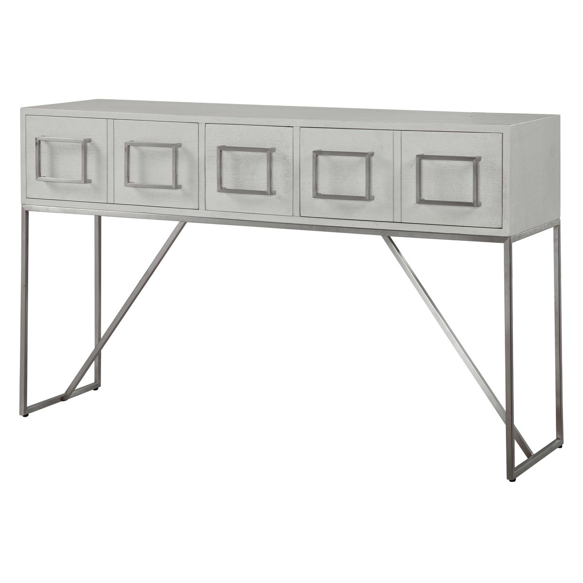 Gray console table with four square doors on a white background