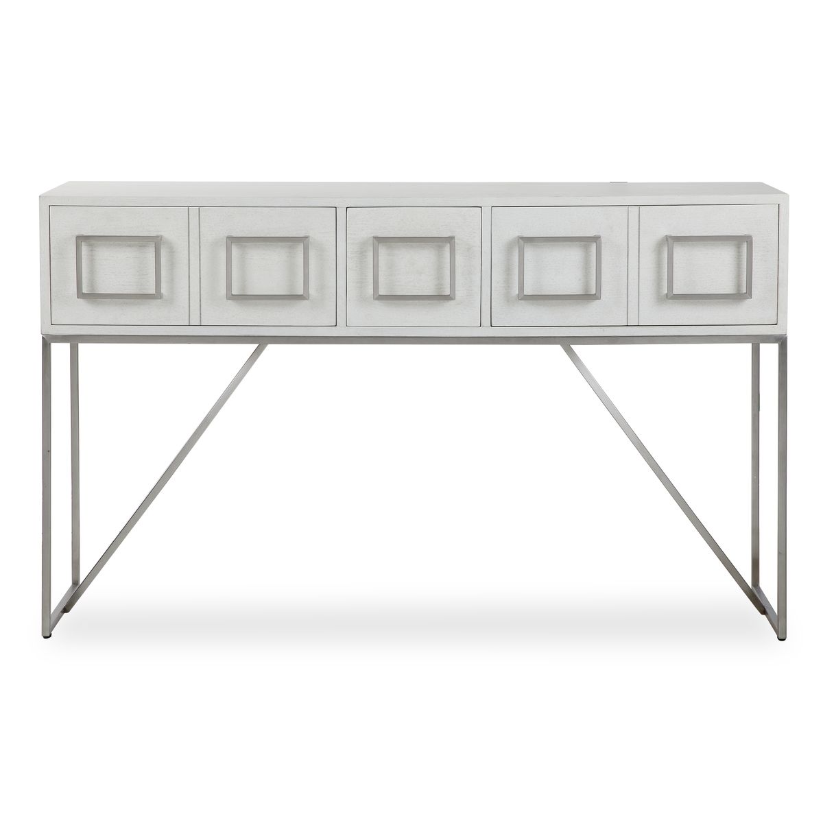 White console table with four square doors on a white background