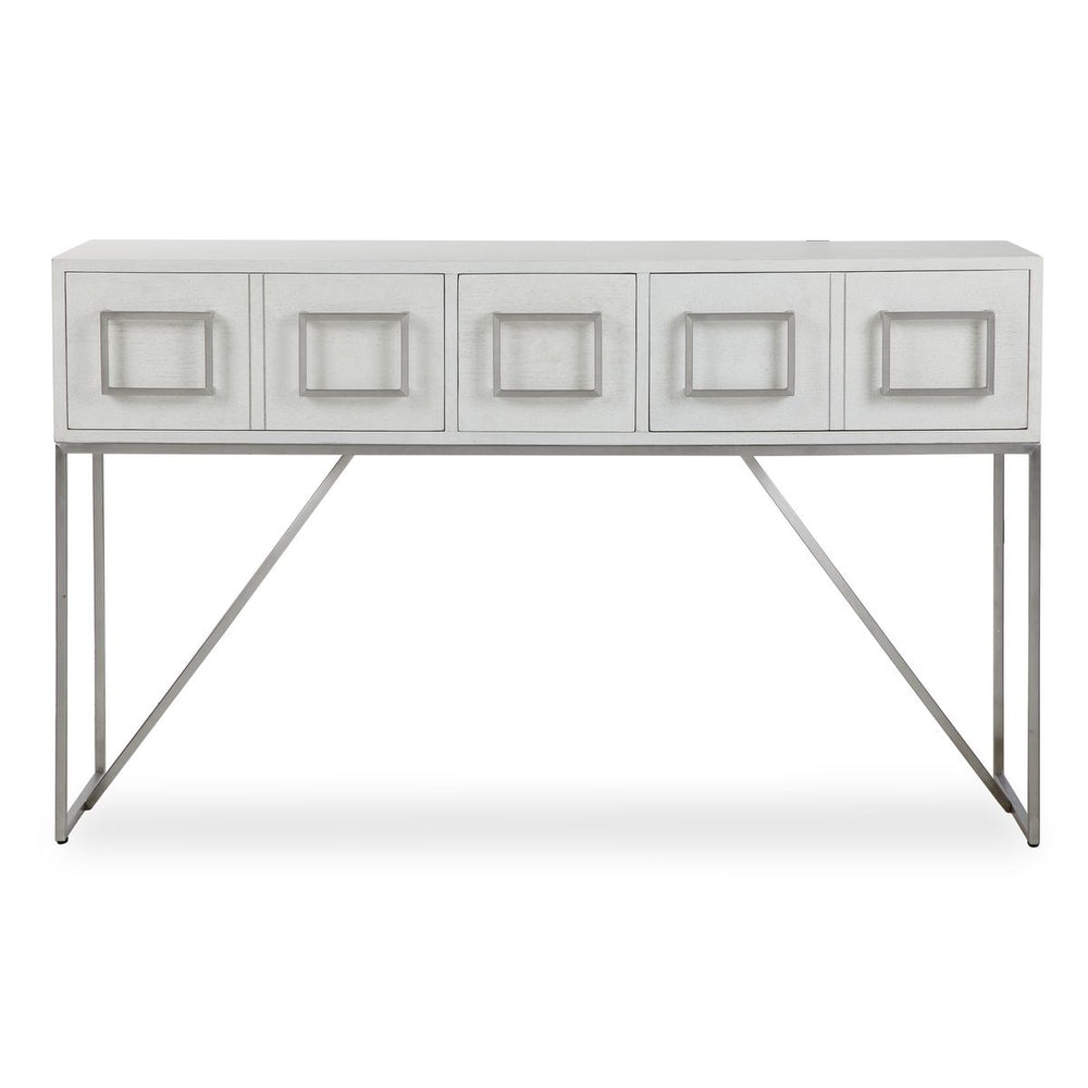 White console table with four square doors on a white background