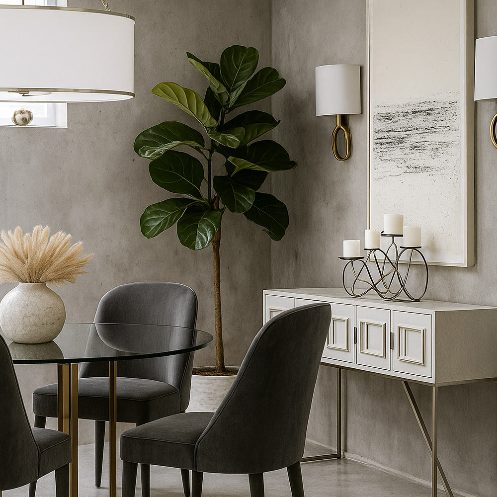 Modern dining room with glass table, gray chairs, and decorative elements.