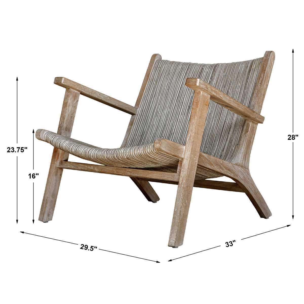 Wooden chair with woven backrest and armrests, shown with dimensions on a white background.