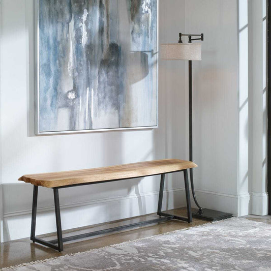 Wooden bench with black metal frame on a white background