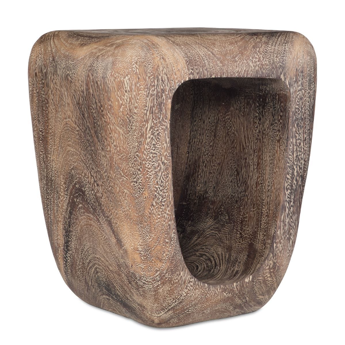 Wooden stool with a natural, textured finish on a white background