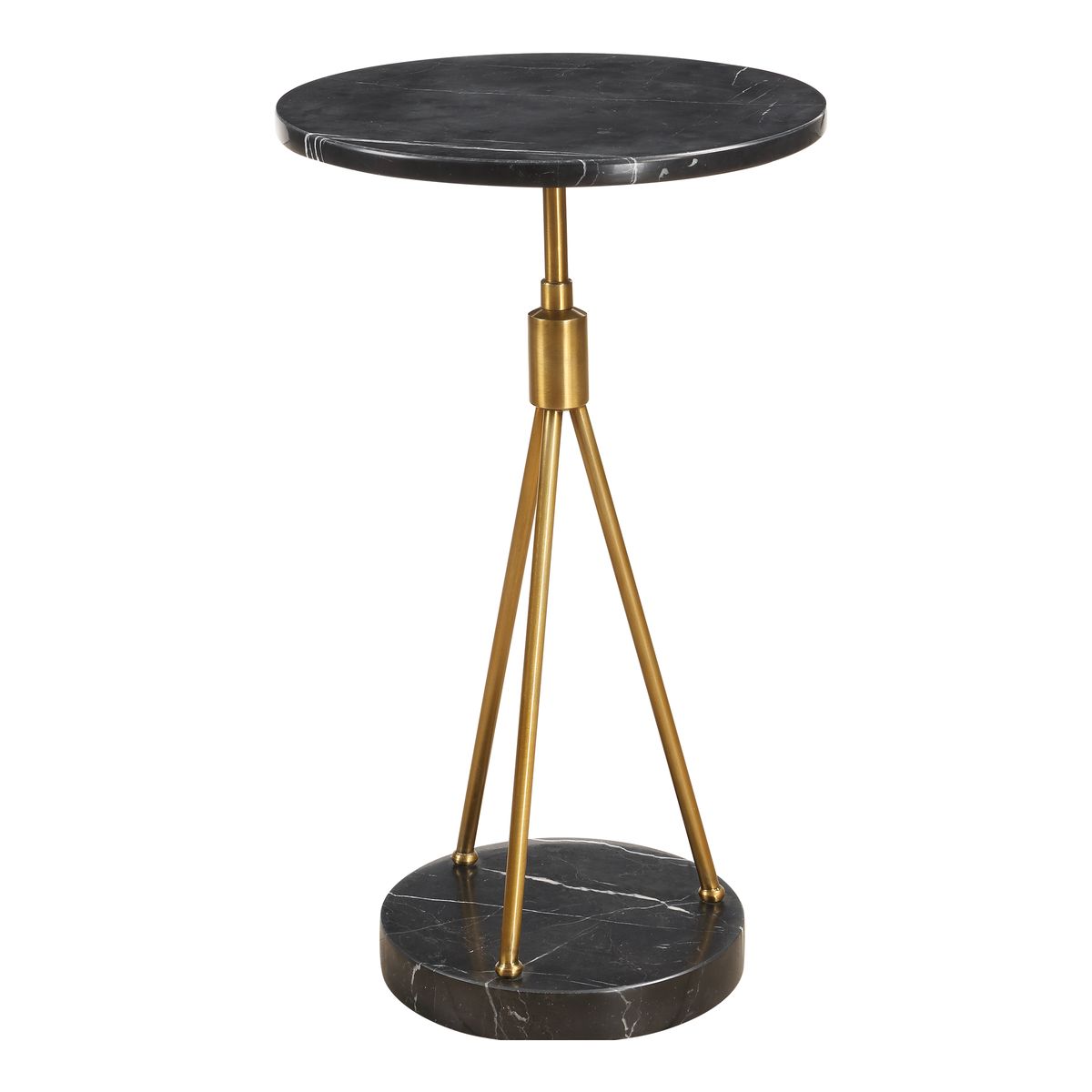 Small round table with black marble top and base, gold cylindrical center piece on a white background