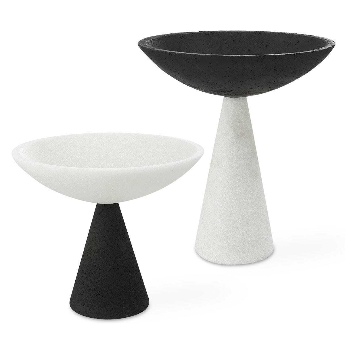 Two modern side tables, one black and white, the other white and black, on a white background.