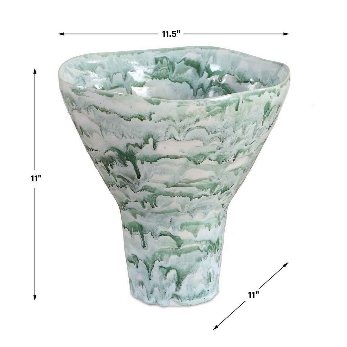 A tapered ceramic planter or vase with a green and white marbled pattern, shown with dimension lines indicating a height of 11 inches and a width of 11.5 inches.