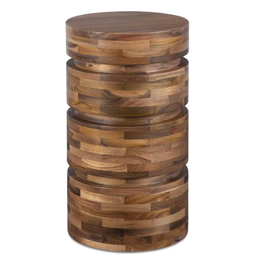 Wooden side table with stacked circular designs on a white background