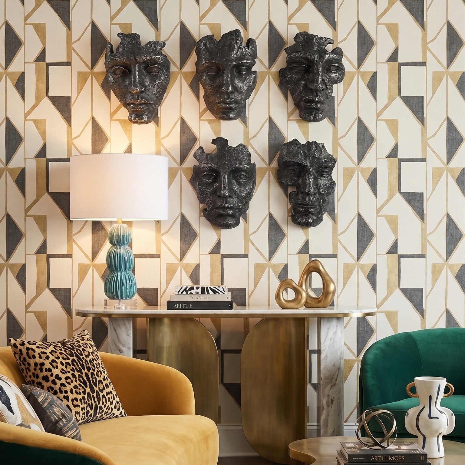 Living room with geometric patterned wallpaper, decorative wall masks, and colorful furniture.