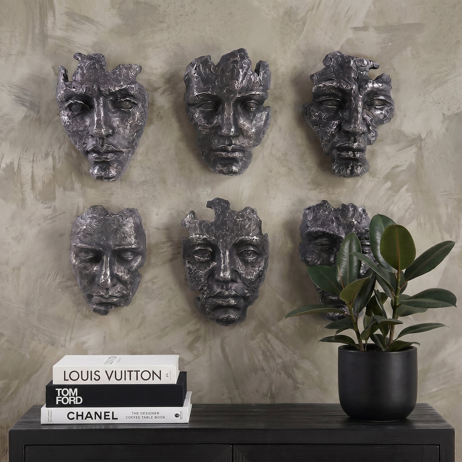 Face Wall Art Sculpture – Gray Patinated Metal, Set of 6