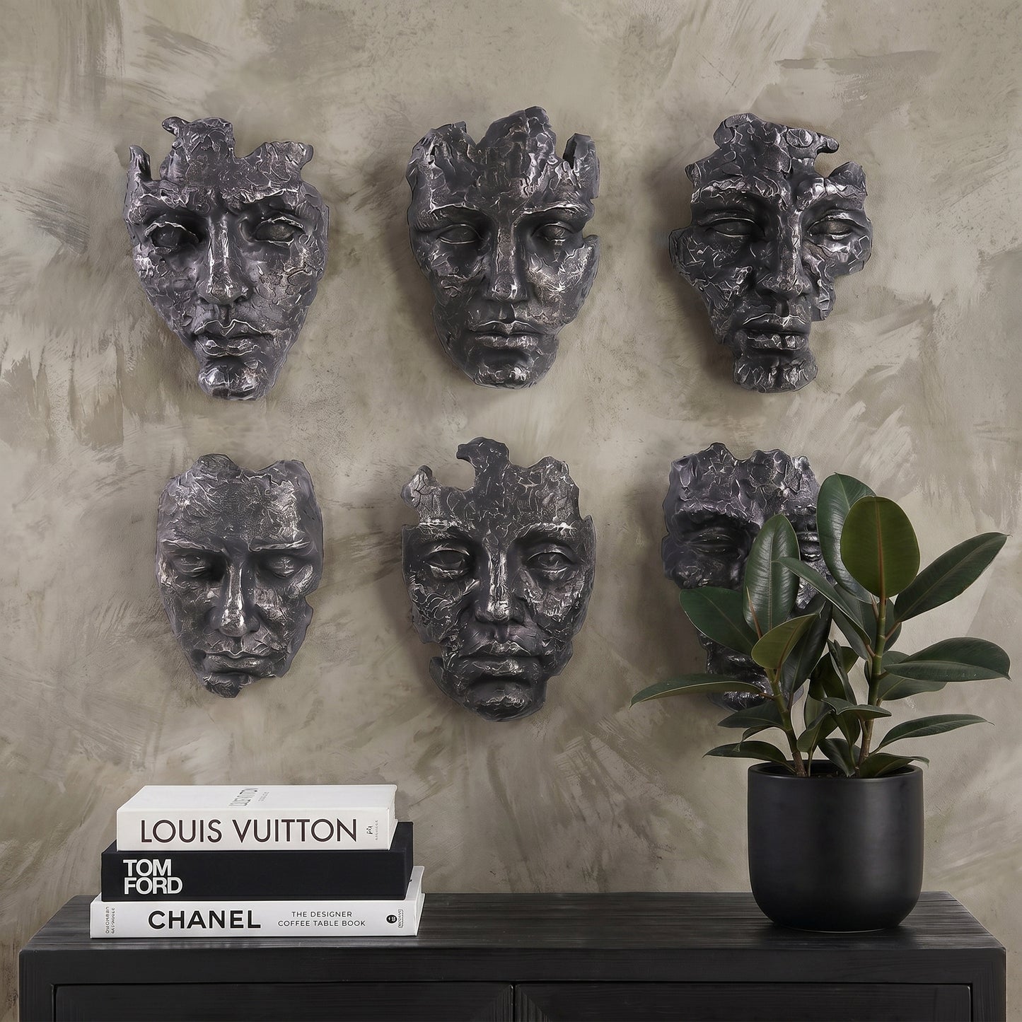 Face Wall Art Sculpture – Gray Patinated Metal, Set of 6