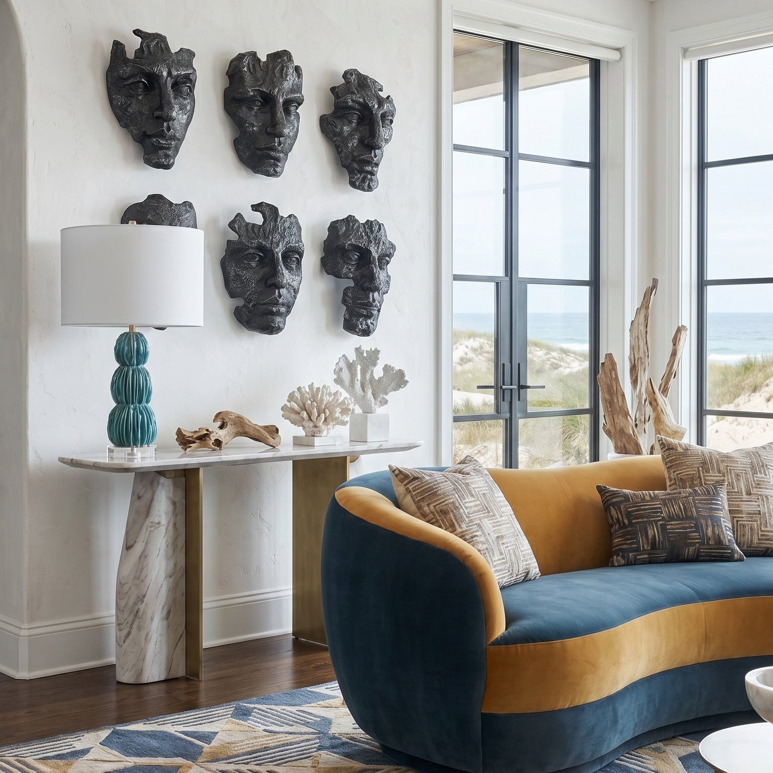 Modern living room with a blue and orange sofa, decorative wall art, and large windows.