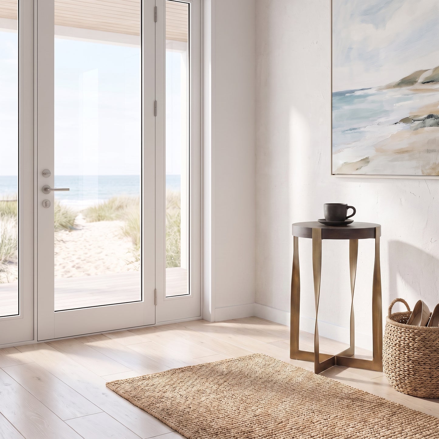 A styled interior corner with white-framed glass doors opening to a beach view, a small round side table with a black cup, a woven rug on light wood flooring, and a wicker basket against a white wall with a framed painting.