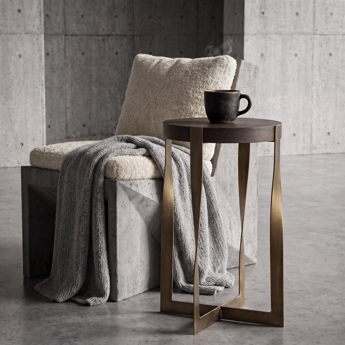 A modern round side table with a dark wood top and sculptural brushed brass legs stands beside a low concrete bench with cream bouclé upholstery and a gray knit throw. A black ceramic mug sits on the table, set against a concrete wall background.