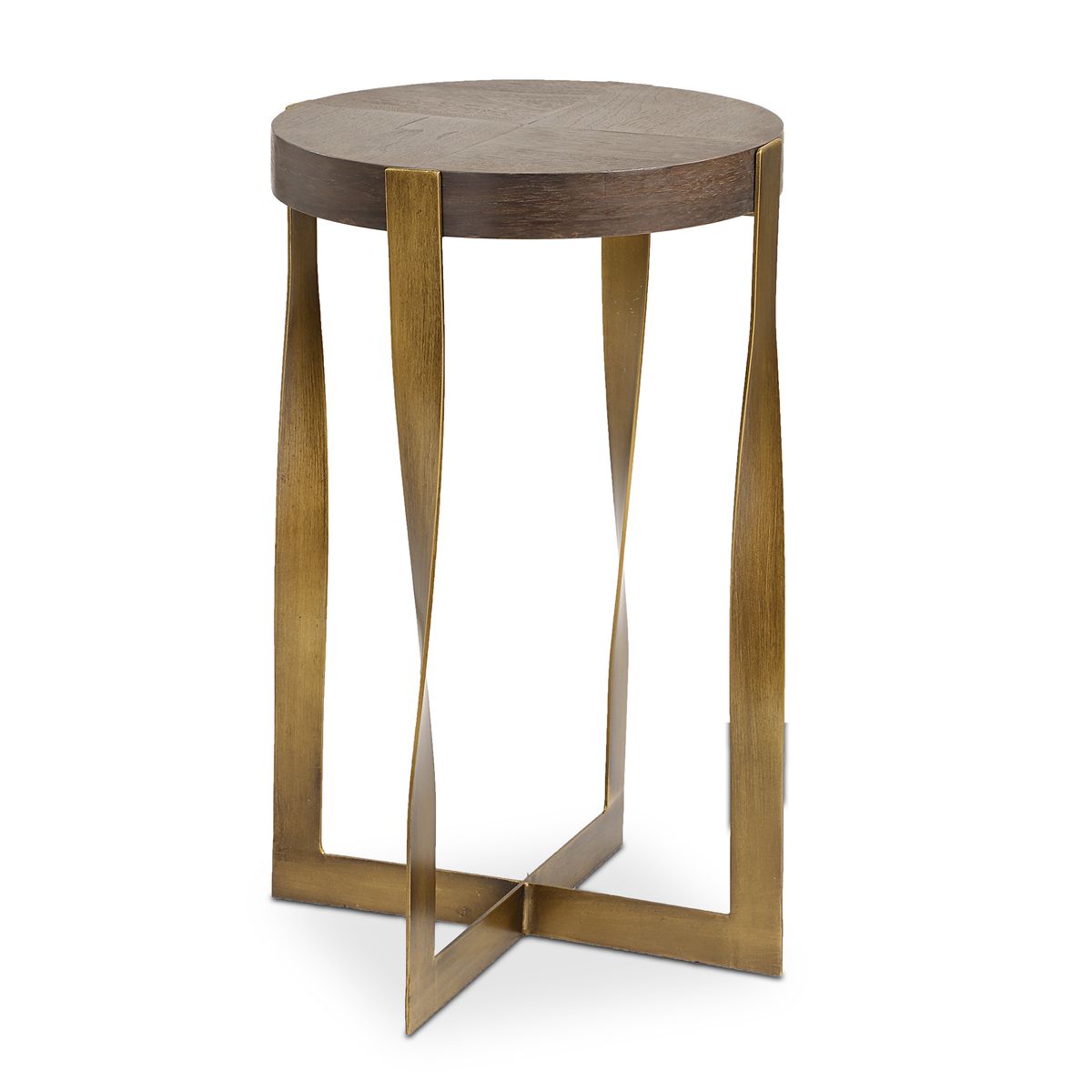 Wooden side table with unique base design on a white background