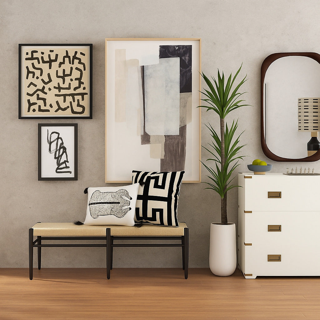 Mid century modern mirror in Living Room.