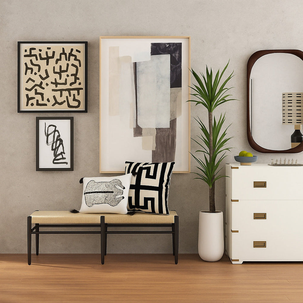 Mid century modern mirror in Living Room.