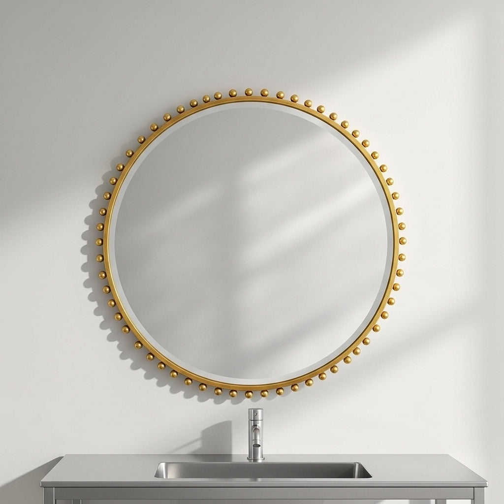 Round mirror with gold embellishments on a white wall above a sink.