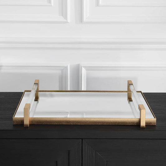 Mirrored Gold Tray on Black Console