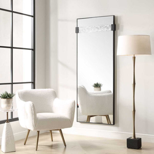 Rectangular mirror with a black frame and decorative band on a white background
