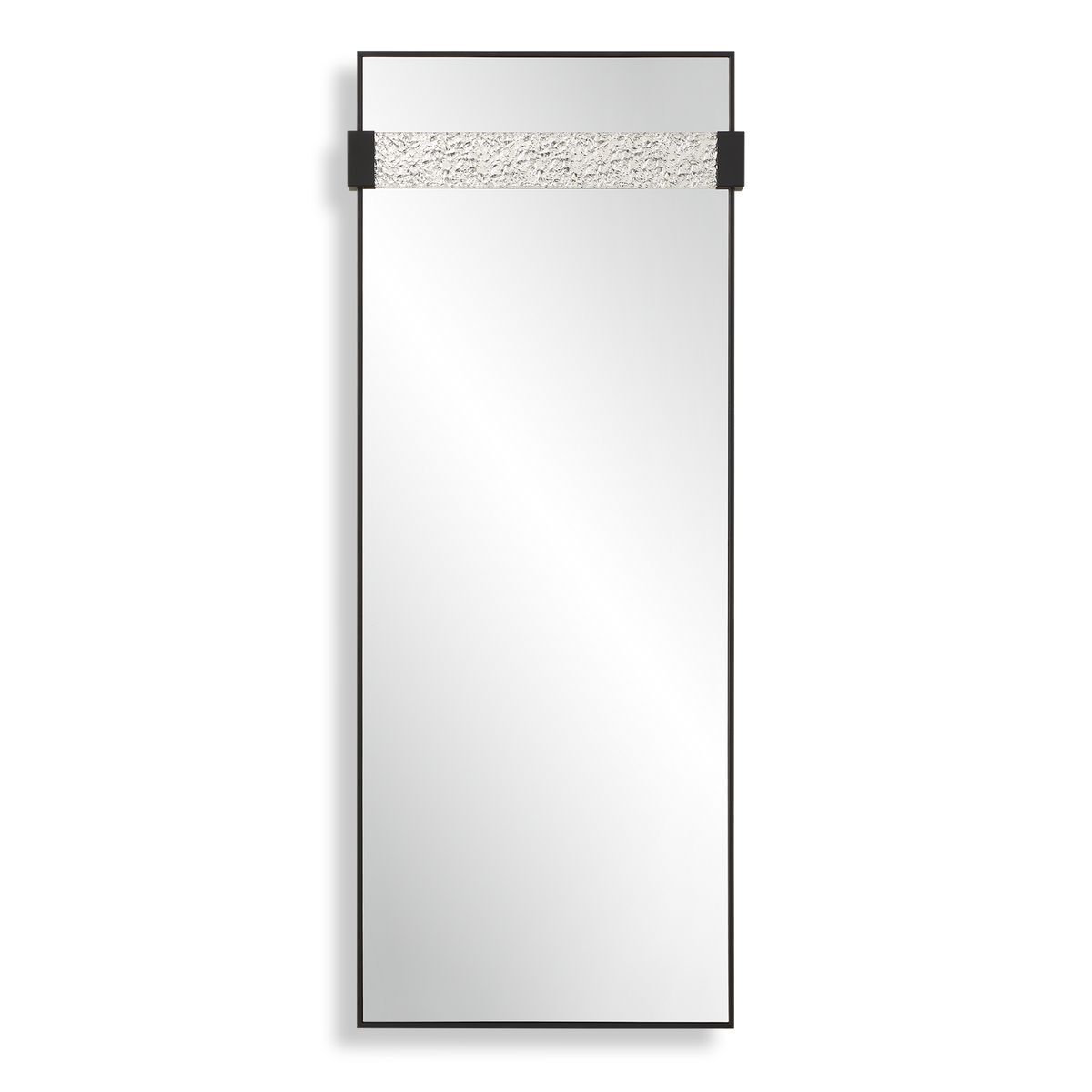 Rectangular mirror with a black frame and decorative band on a white background